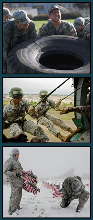 Service members working in rough terrain such as lifting an extra large truck tire, repelling out of a helicopter, and placing flags on graves in the snow. Service members working in rough terrain such as lifting an extra large truck tire, repelling out of a helicopter, and placing flags on graves in the snow.