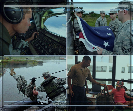 Service member looking out aircraft window, Service members folding a flag, Service member crossing body of water on a rope, Service member holding a bag for a child