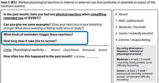 Blank CAPS-5 form Item B5, Marked physiological reactions