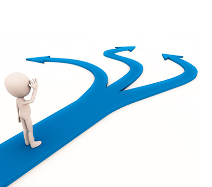 figure scratching his head standing on arrows going three different directions