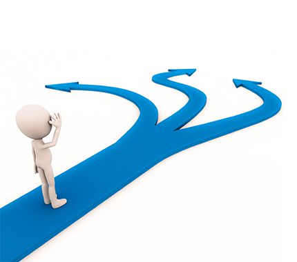 A figure standing on an arrow going three ways.