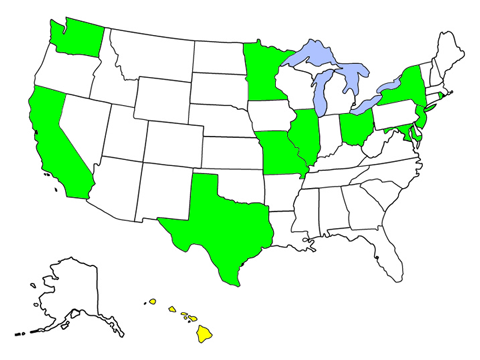 map of USA with the following states highlighted: CA, IL, MD, MN, MO, NJ, NY, OH, RI, TX, and WA with a resolution from HI